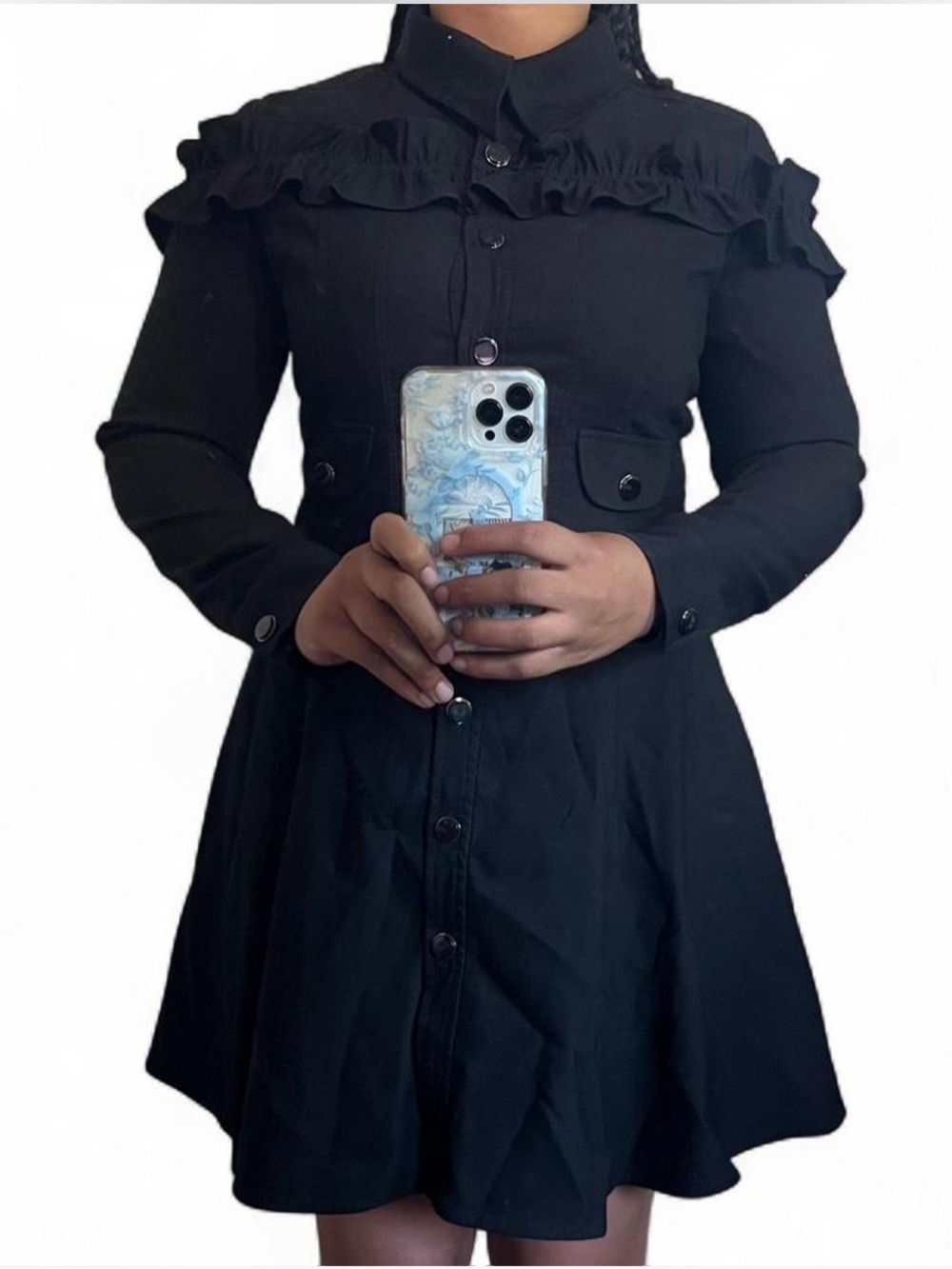 Black Ruffle Button-Front Peacoat